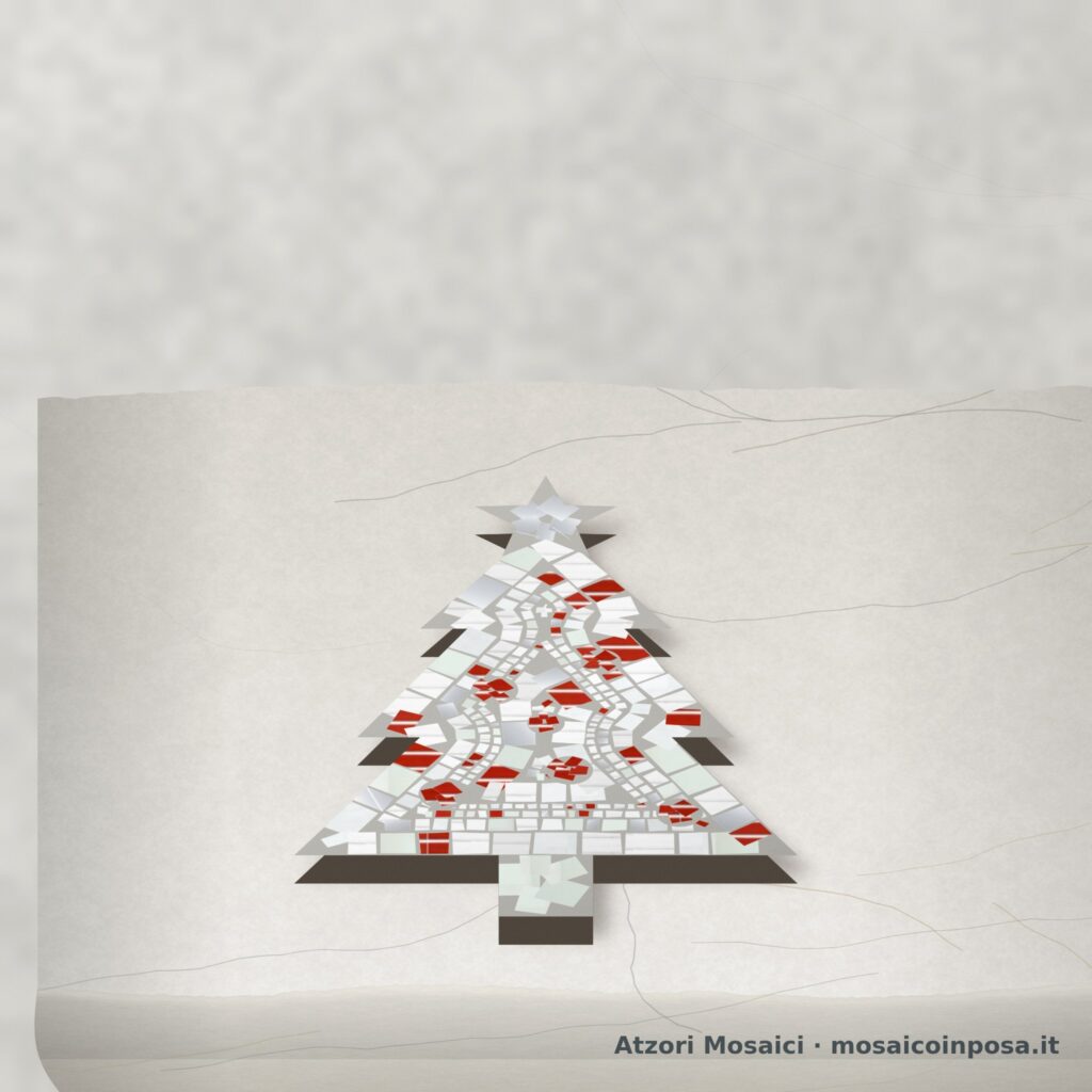 Albero di Natale in mosaico Bianco innevato e rosso – Atzori Mosaici