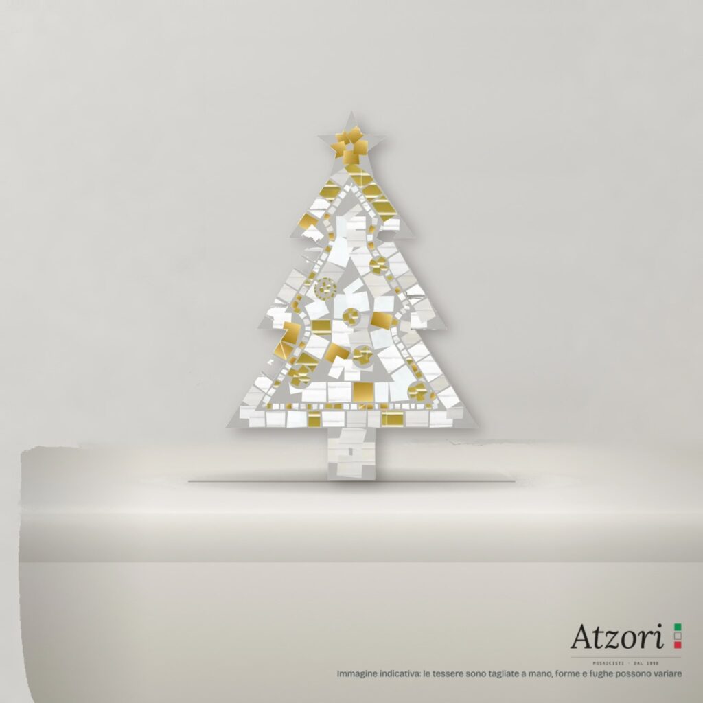 Albero di Natale in mosaico – Bianco e oro – vista frontale