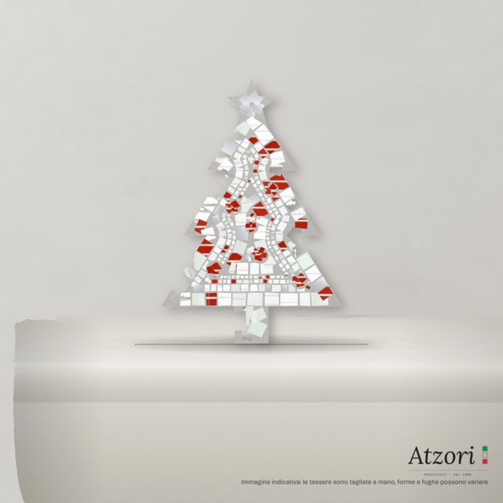 Albero di Natale in mosaico – Bianco innevato e rosso – vista frontale