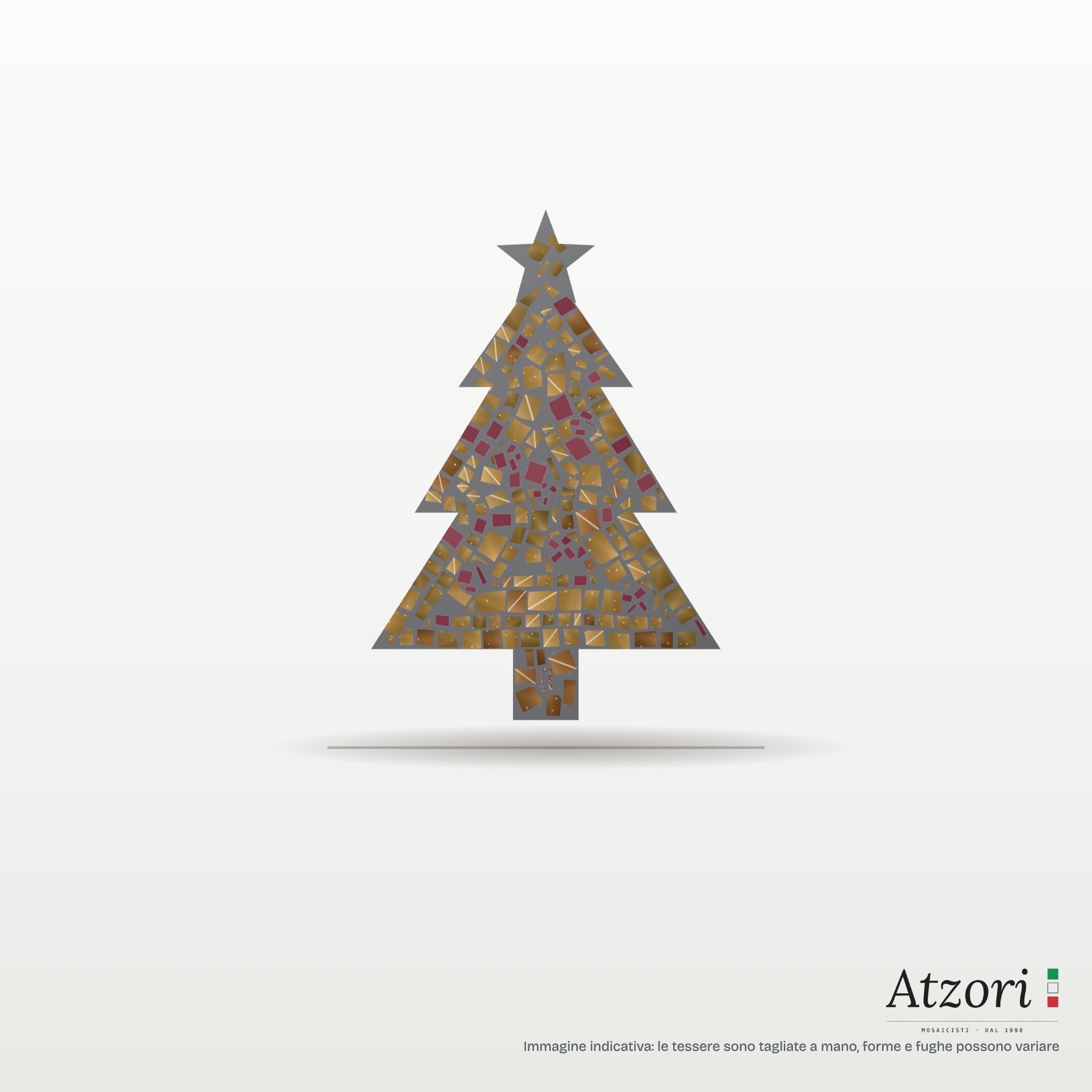 Render di albero di Natale in mosaico oro, rosso rubino e bronzo – Atzori Mosaici