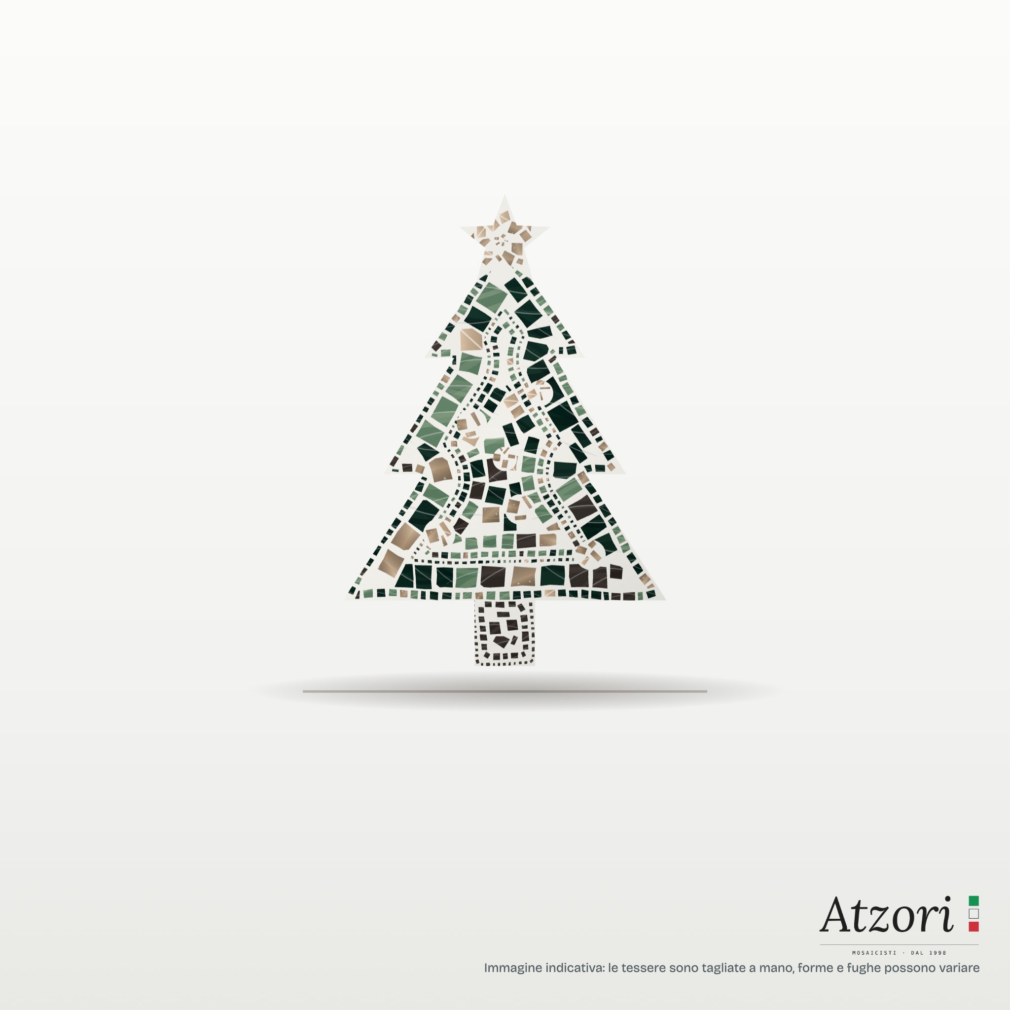 Render di albero di Natale in mosaico verde scuro, verde, argento e bruno scuro – Atzori Mosaici