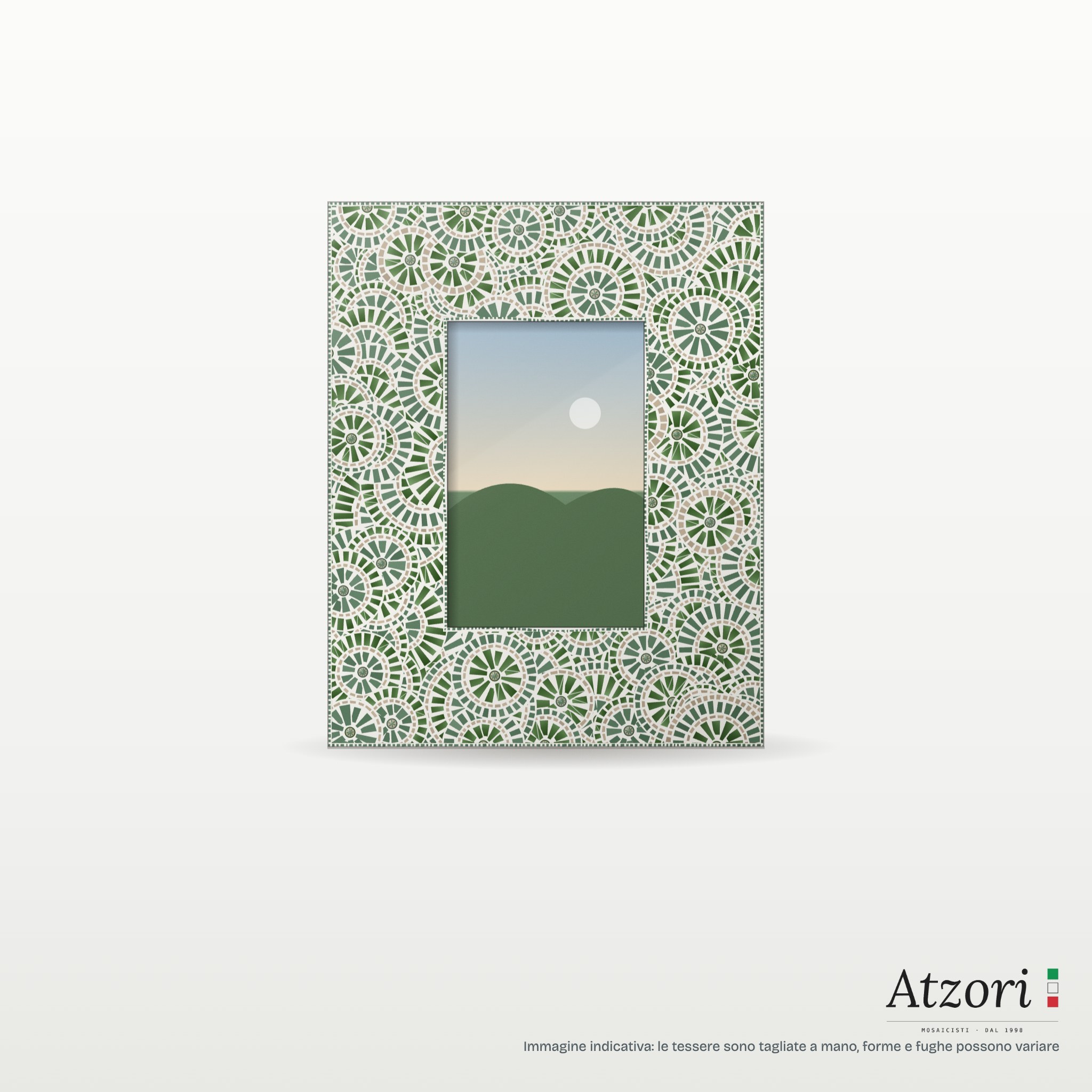 Render della cornice in mosaico a cerchi verde salvia, verde specchiato e crema – Atzori Mosaici