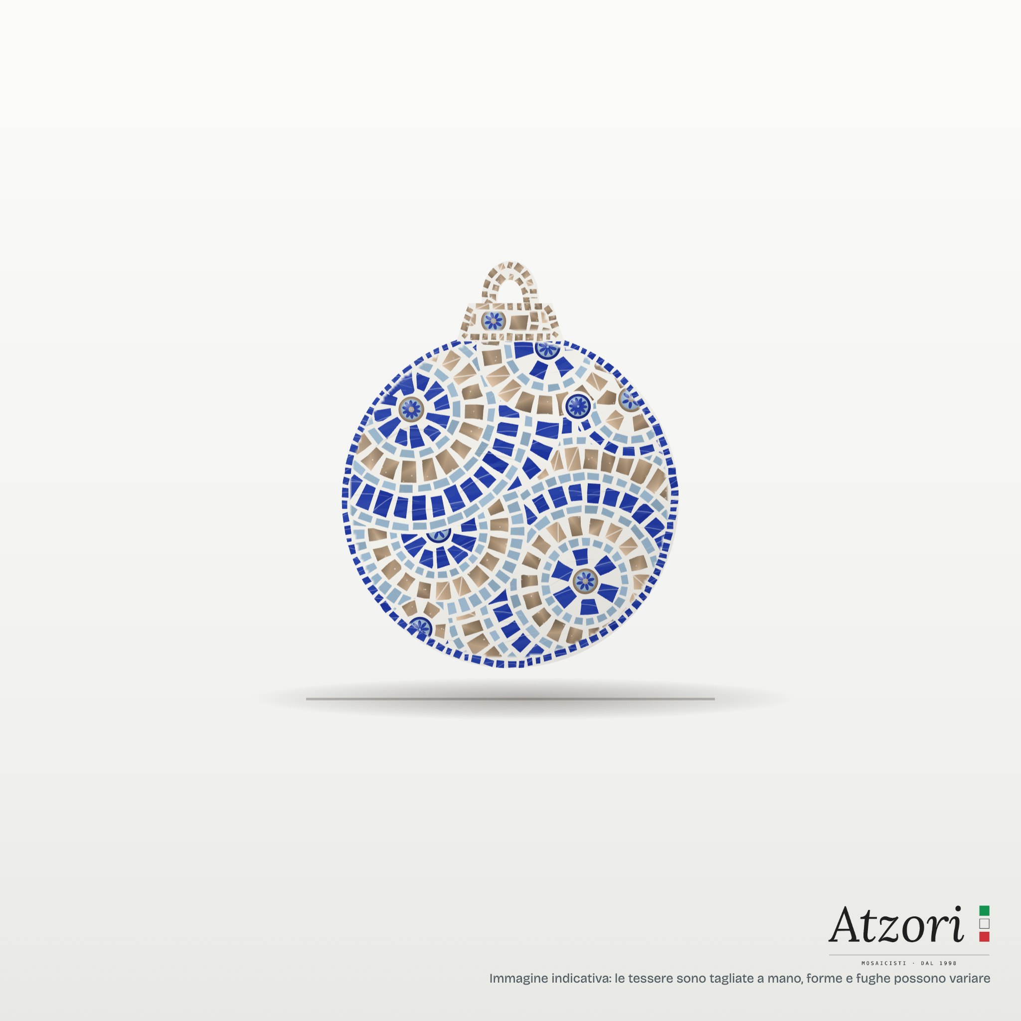 Render di pallina di Natale in mosaico blu cobalto, azzurro cielo e argento – Atzori Mosaici