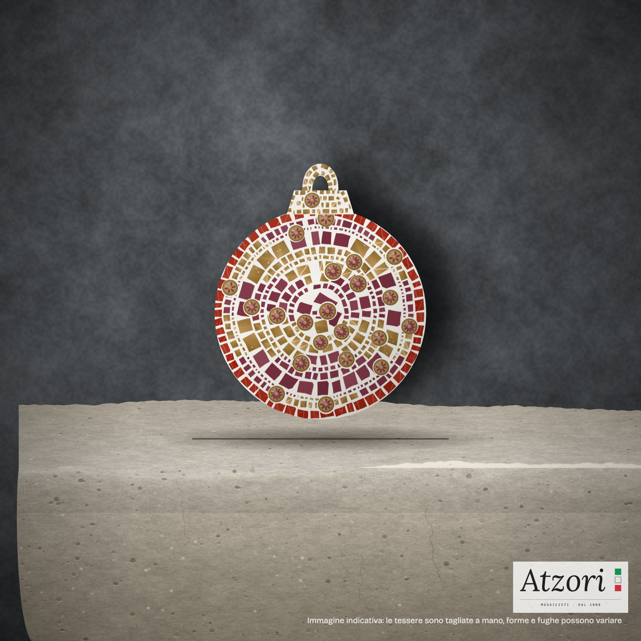 Pallina di Natale in mosaico rosso arancio, rosso rubino e oro – Atzori Mosaici