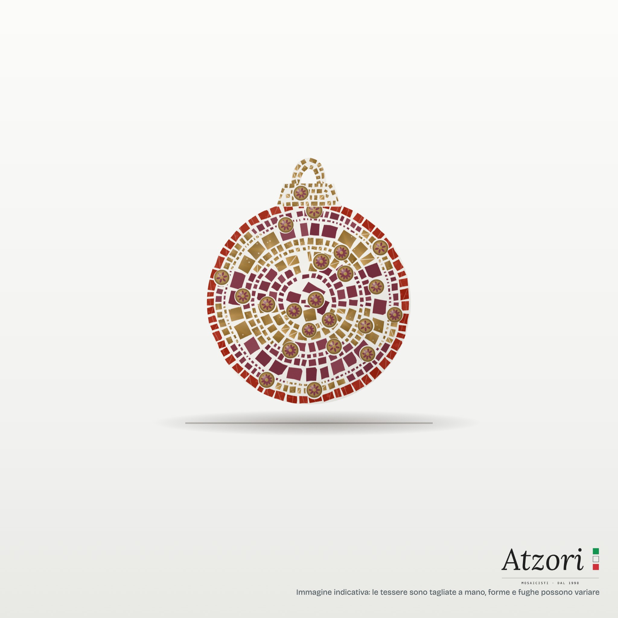Render di pallina di Natale in mosaico rosso arancio, rosso rubino e oro – Atzori Mosaici