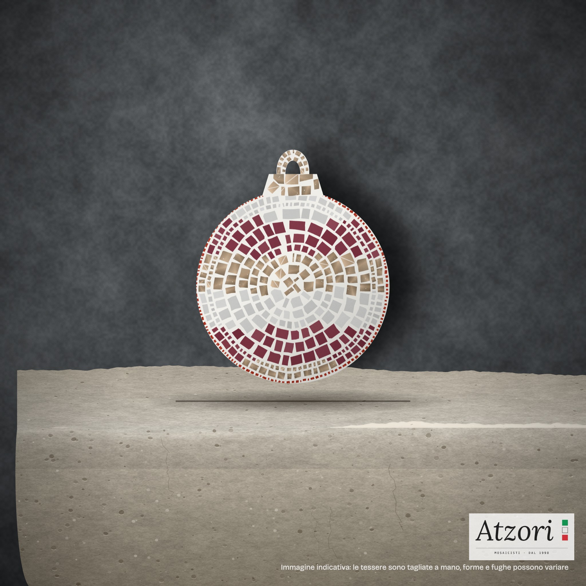 Pallina di Natale in mosaico rosso arancio, bianco, rosso rubino e argento – Atzori Mosaici